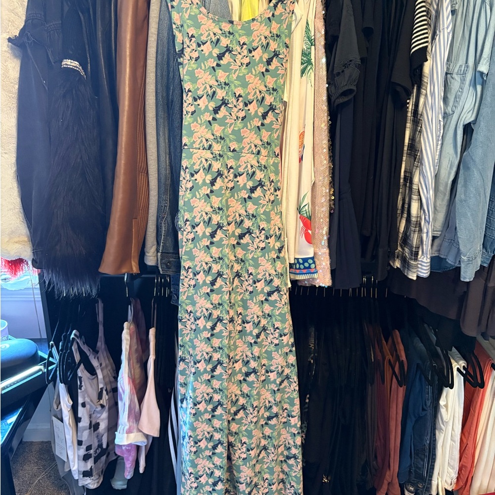 Pact 100% organic Fit & Flare maxi Sundress (green and Blue w/pink)